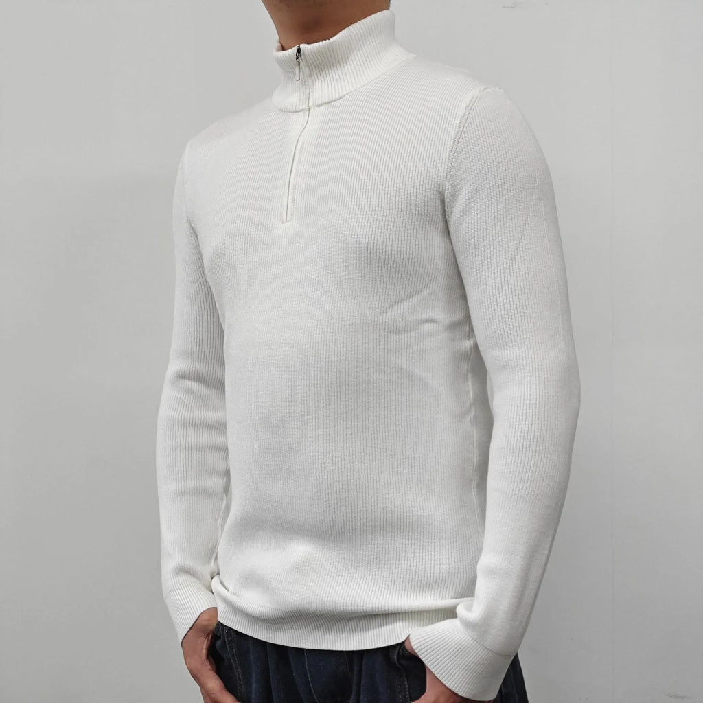 Men's grey half-turtleneck zip sweater with long sleeves on a hanger.