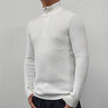 Men's grey half-turtleneck zip sweater with long sleeves on a hanger.