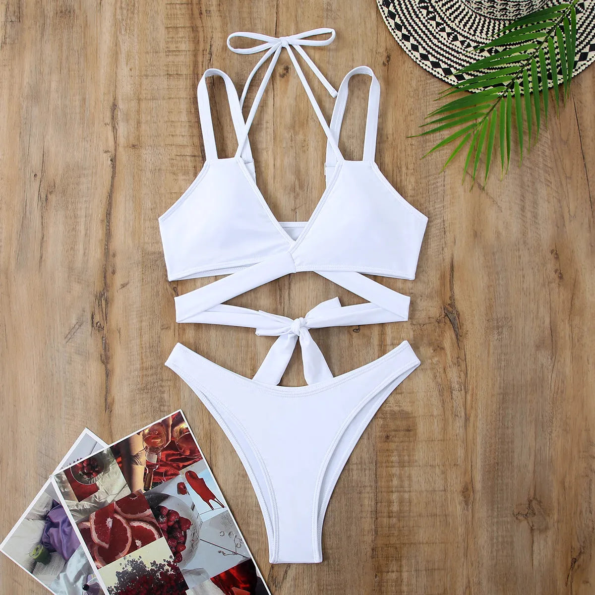 Women's solid colour strap bikini swimsuit in black, red, blue, rose red, or white.