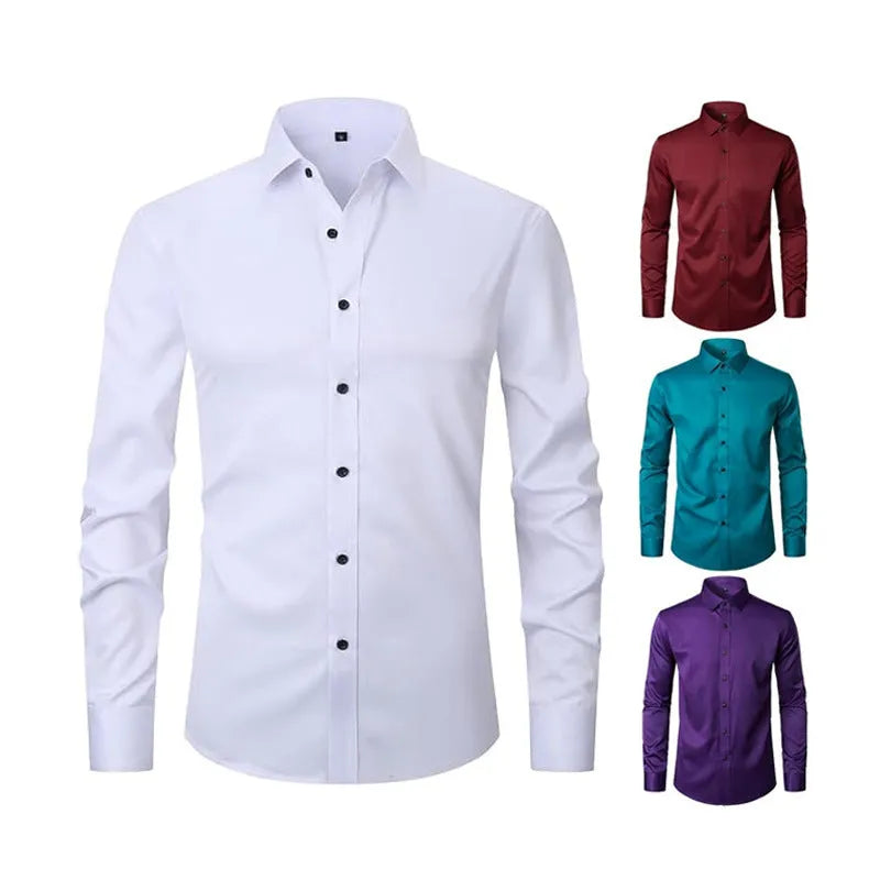 Men's stretch polyester long sleeve work shirt in multiple colours with button-front and crew neck design