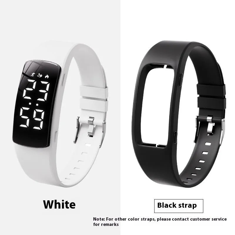 Vibration alarm smart watch with coloured silicone strap on a wrist, showing LED display.