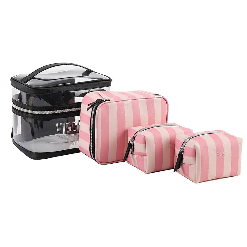 Pink bold stripes floral pattern makeup bag with synthetic leather waterproof construction