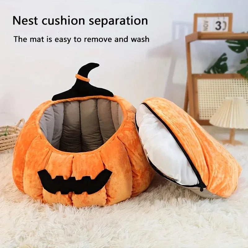 Halloween themed cat bed with cartoon pumpkin and devil design in soft plush fabric