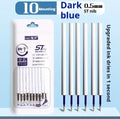 Quick-drying ballpoint pen refills in black, blue, ink blue, and red colours showing packaging of 10 bags