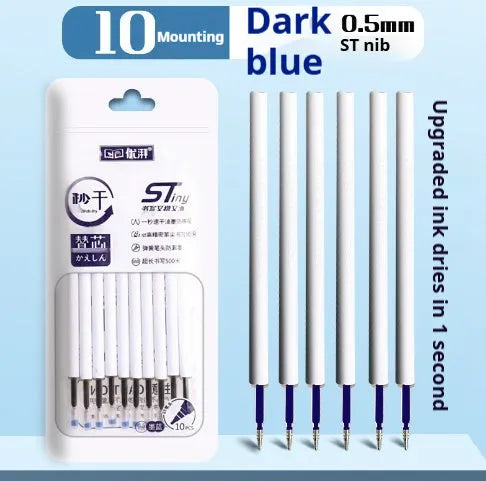 Quick-drying ballpoint pen refills in black, blue, ink blue, and red colours showing packaging of 10 bags
