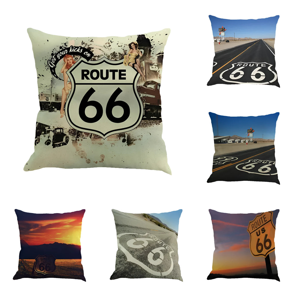 Square 45cm linen cushion cover with Route 66 landscape print in a European style.