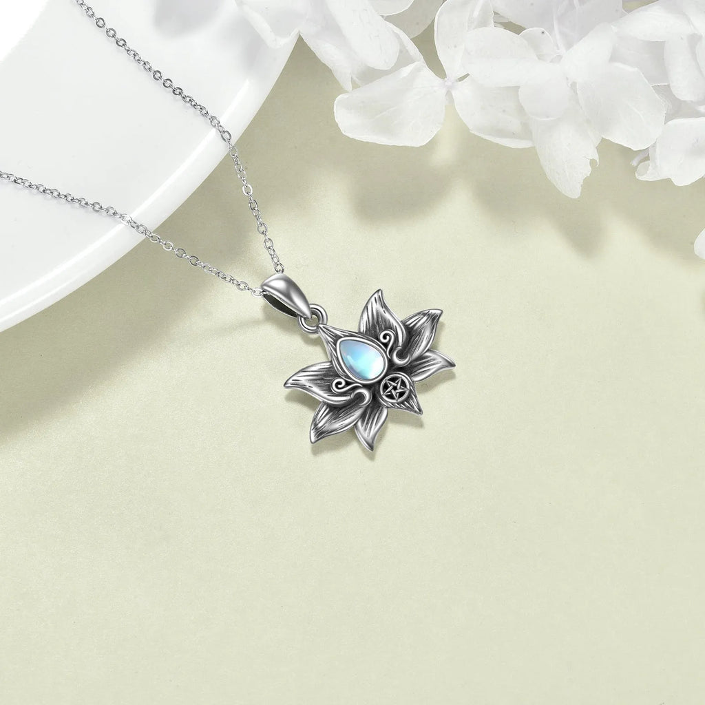 Sterling silver moonstone lotus flower pendant necklace on a calendered O-chain with retro silver finish