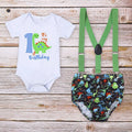 Cotton baby romper set with dinosaur print in blue or green, shorts length with ruffles and straps