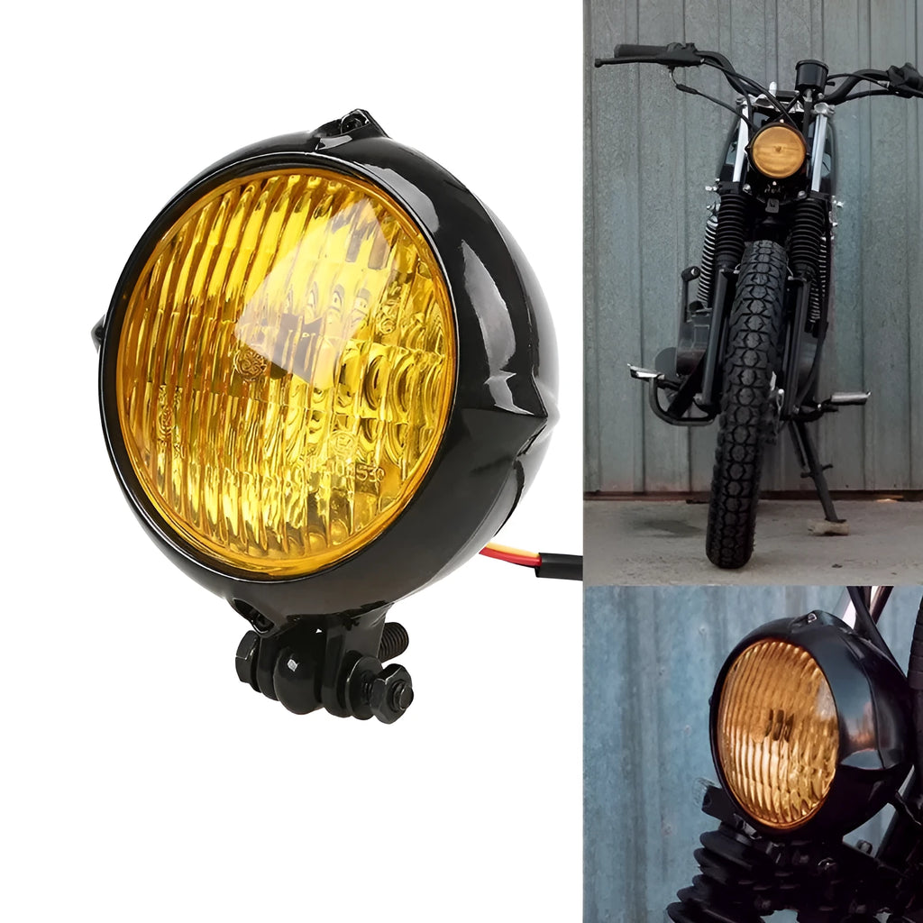 Black circular aluminium Harley-style motorcycle headlight with a coloured glass lens.