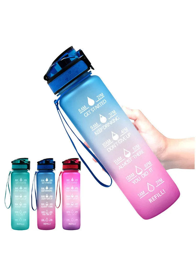 Clear 1000ml Tritan sports water bottle with infuser inside, showing measurement scale.