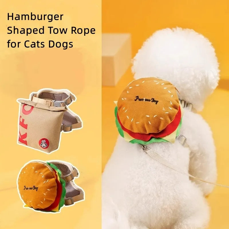 Cartoon hamburger print adjustable vest leash for a small dog, showing backpack-style escape-proof design.