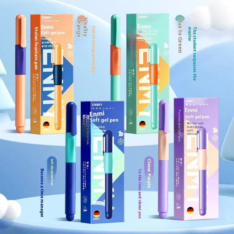 Student Posture Correction Pen with triangular grip in blue, green, purple, and orange options.