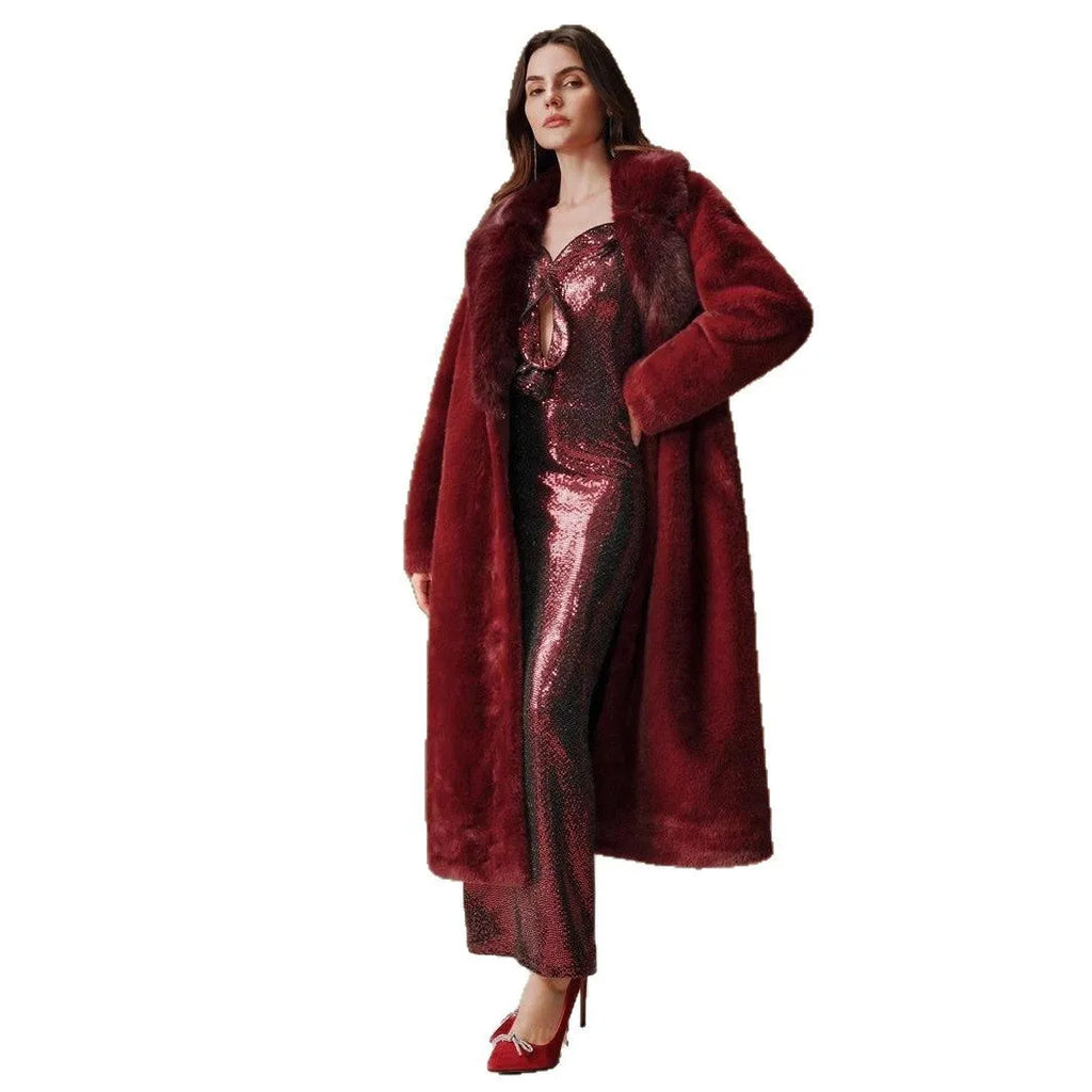 Women's long faux fur coat in camel colour with regular sleeves