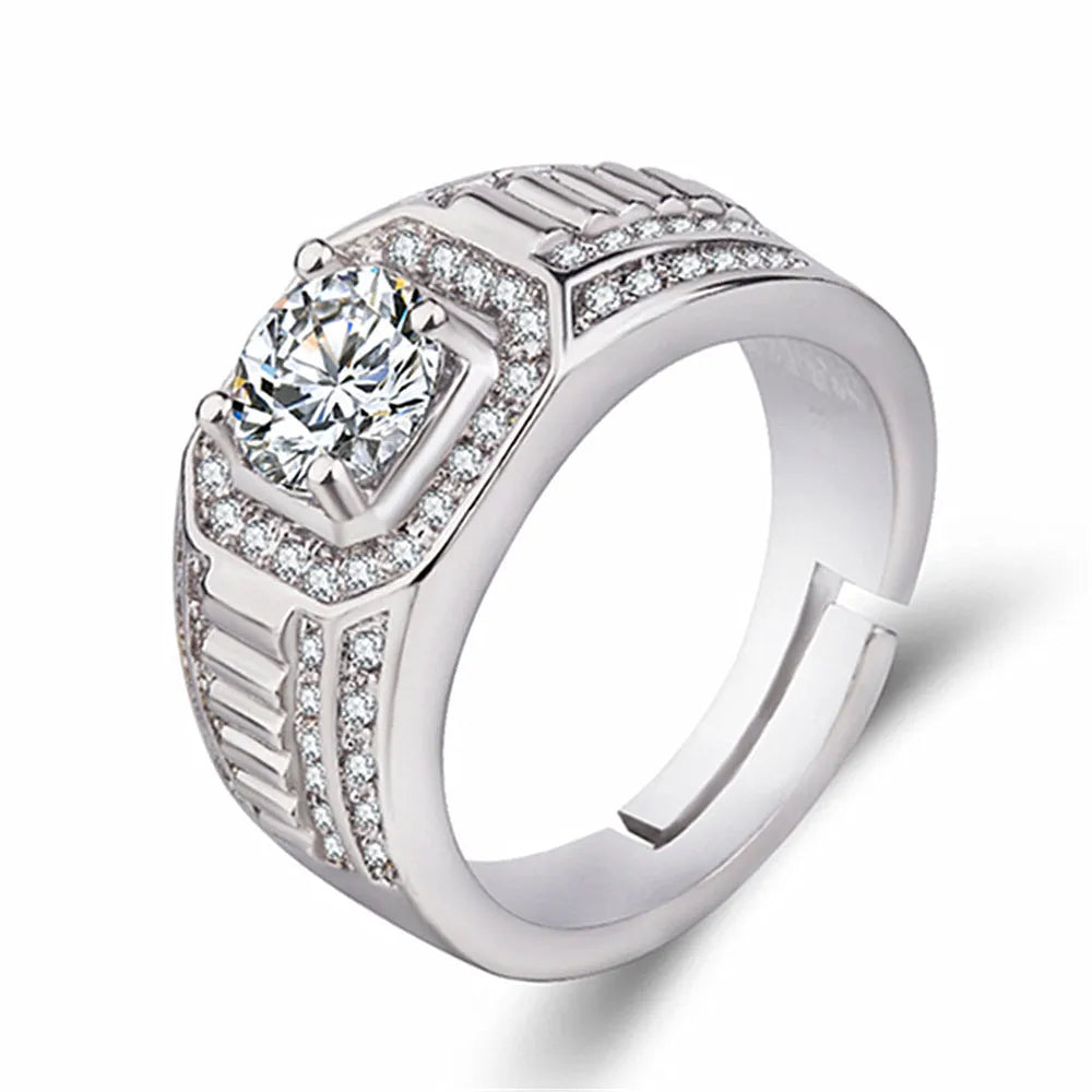Men's adjustable square diamond ring in gold or platinum finish on copper.