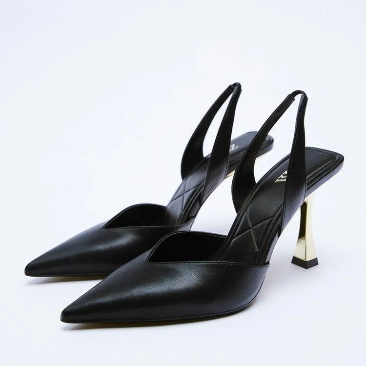 Women's nude pointed high heels in patent leather, shown in black and apricot colours with a shallow mouth design.