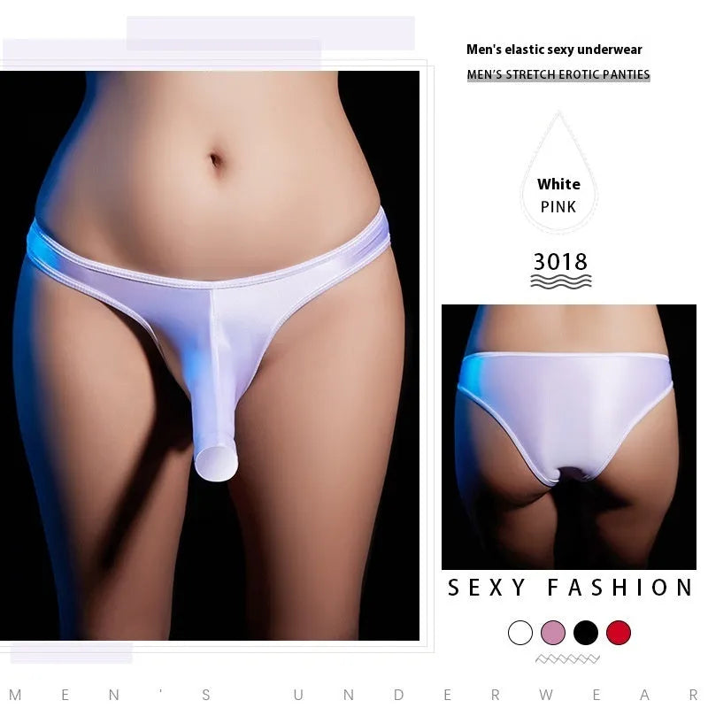 Men's low waist T-back underwear in shiny nylon fabric on a colour swatch showing black, grey, pink, red and white.