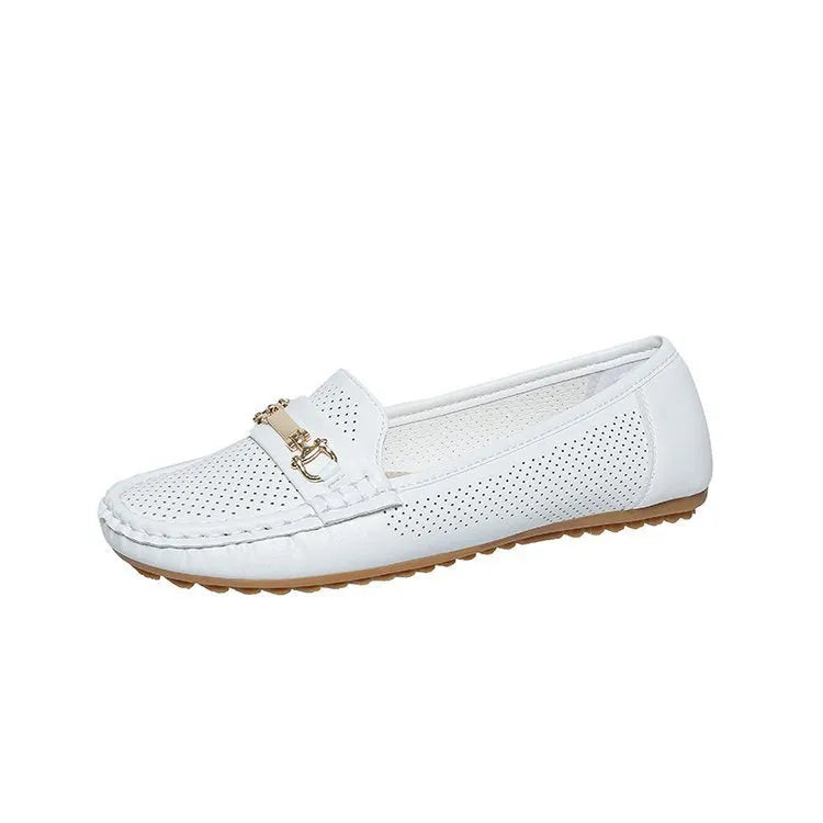 Women's flat casual shoe in artificial PU, available in white, black, and khaki colours.