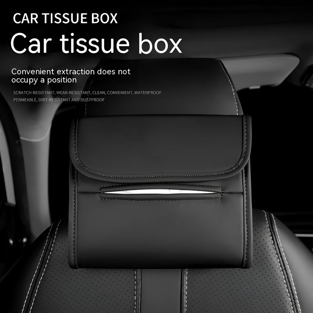 Leather car tissue box with elastic band hanging for vehicle mounting