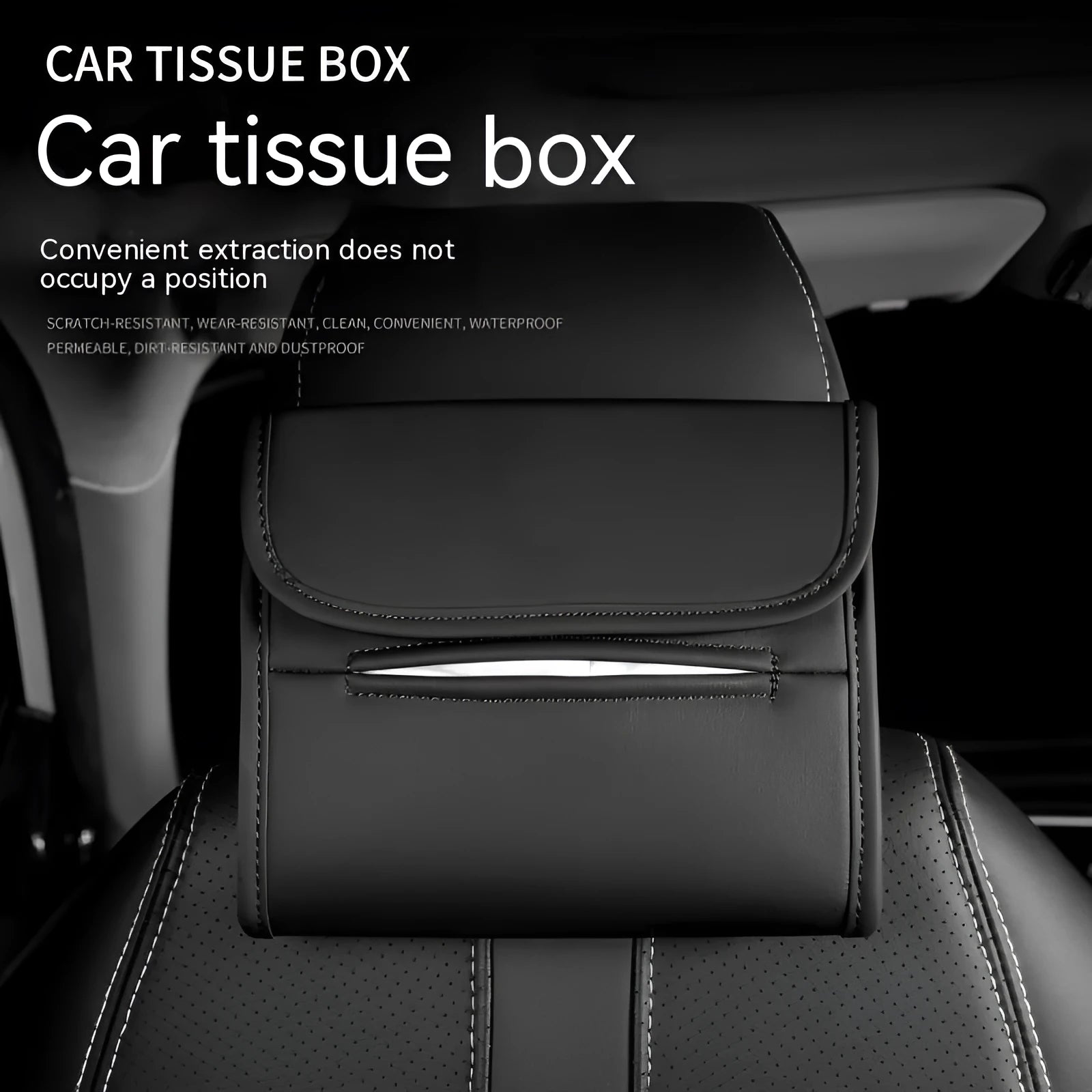Leather car tissue box with elastic band hanging for vehicle mounting