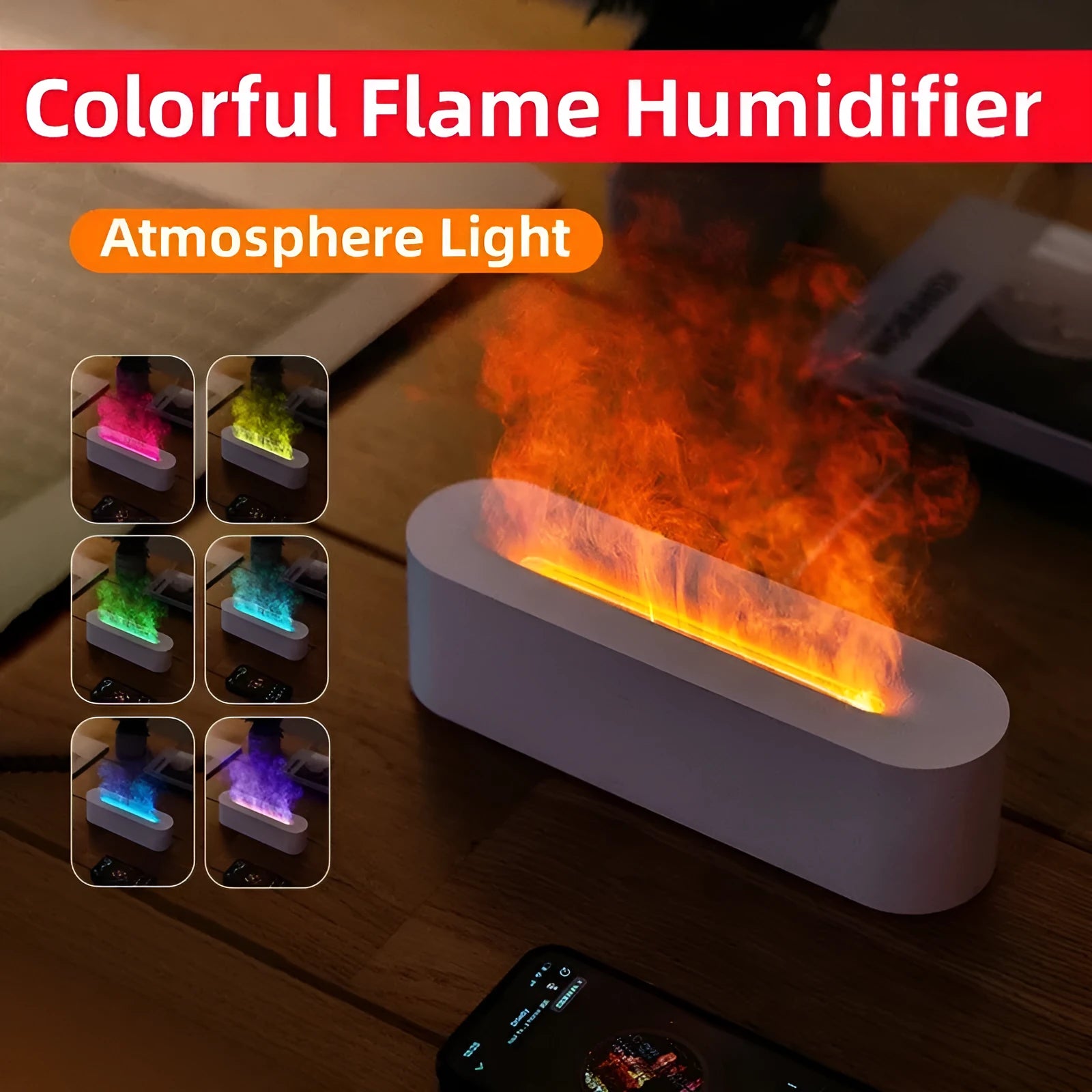 White square flame aroma diffuser with LED lights and water mist emission