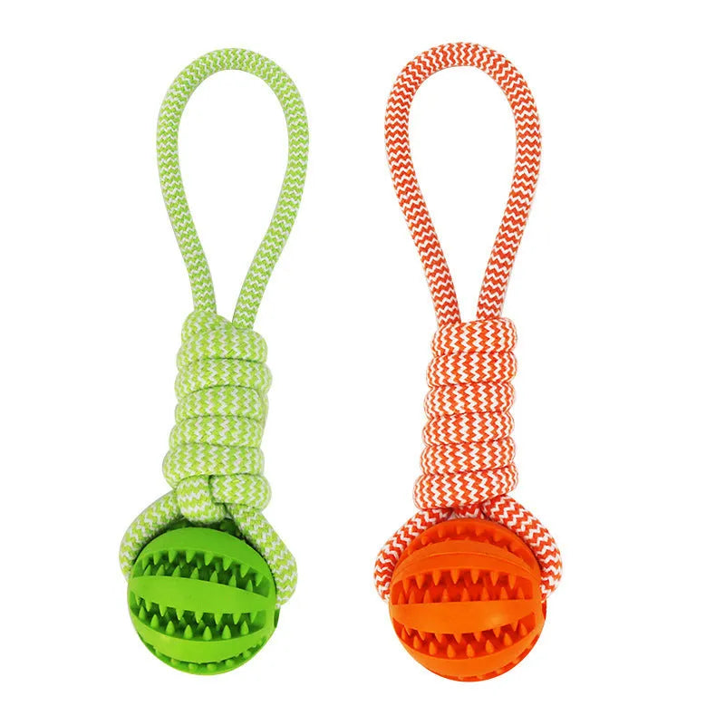 Interactive dog treat ball with hemp rope in blue for small dogs chewing and playing tug of war