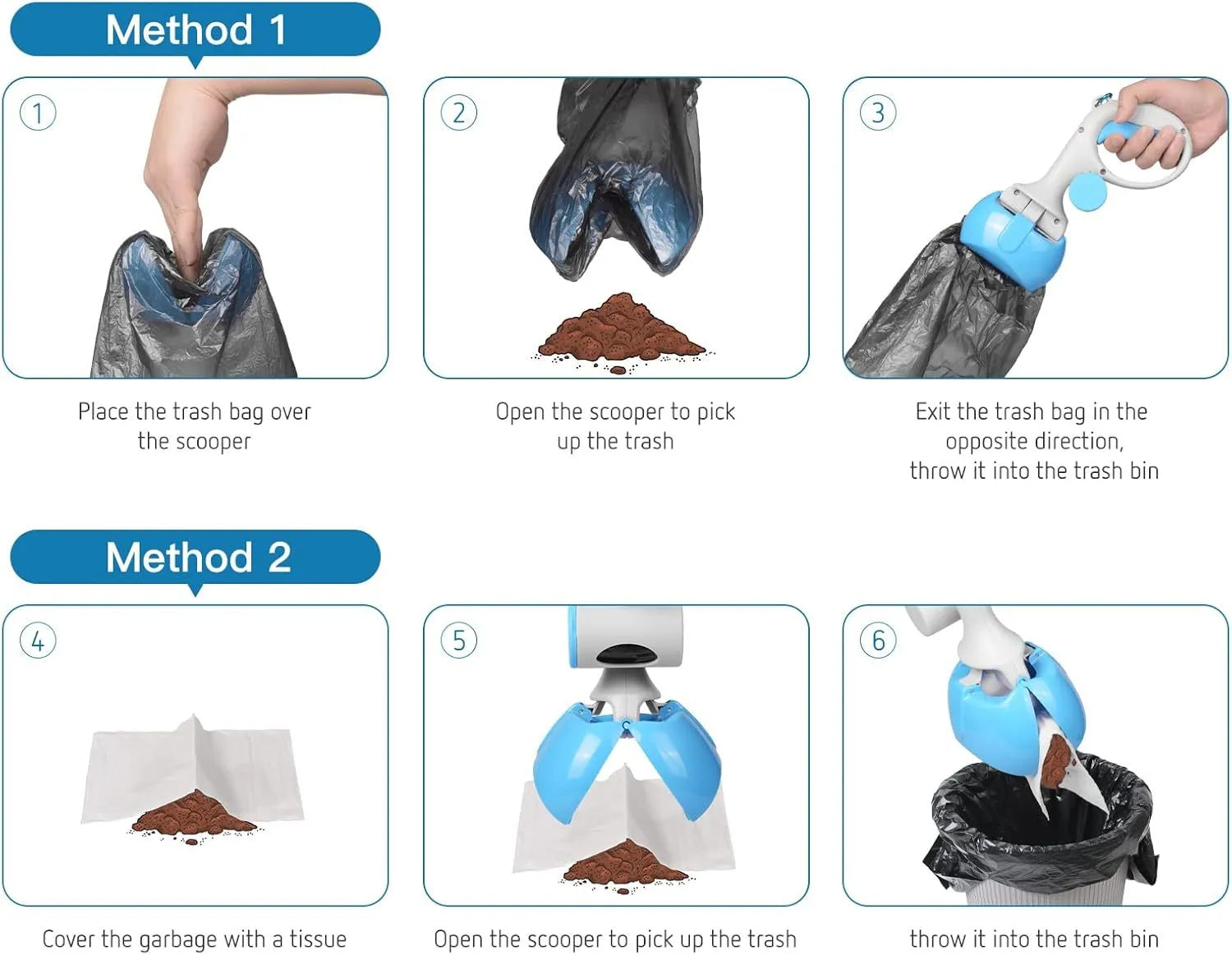 Black ABS plastic pet pooper scooper with integrated trash bag holder and top hanging hook.
