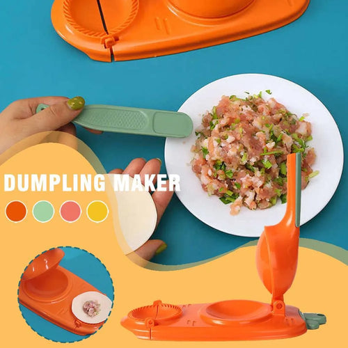 Orange and white 2-in-1 kitchen dumpling making tool with ergonomic handle and hanging hole