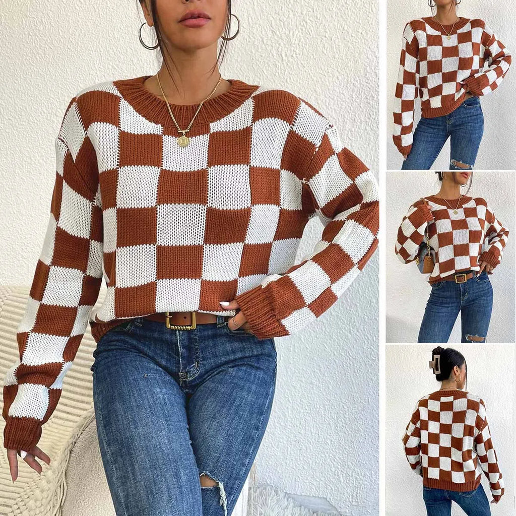 Dark brown women's plaid pullover sweater with long sleeves and a loose fit.