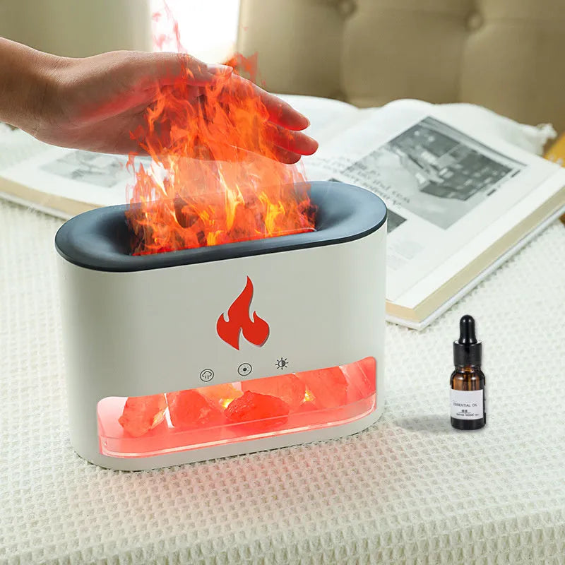 Square white desktop humidifier with colourful flame lighting effect and USB cable