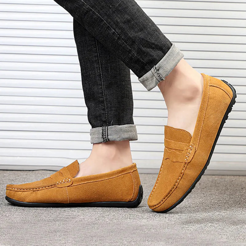 Men's suede leather loafers in solid colour with round toe and flat heel design