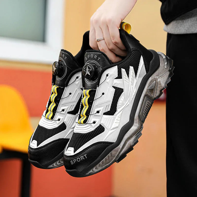 Men's black rotating button dad shoes with a mesh upper and platform sole