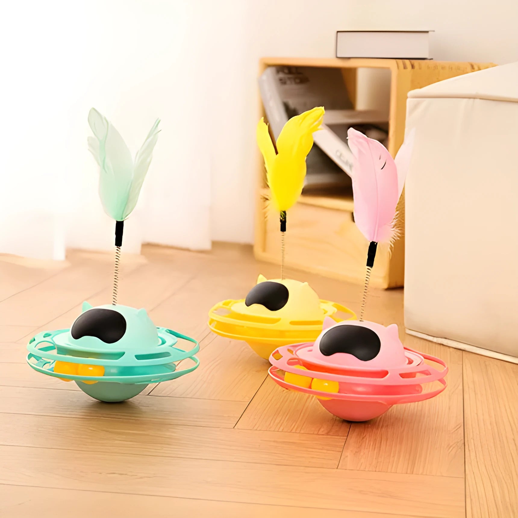 Pink cat tumbler turntable stick toy measuring 17x10 cm for interactive pet play