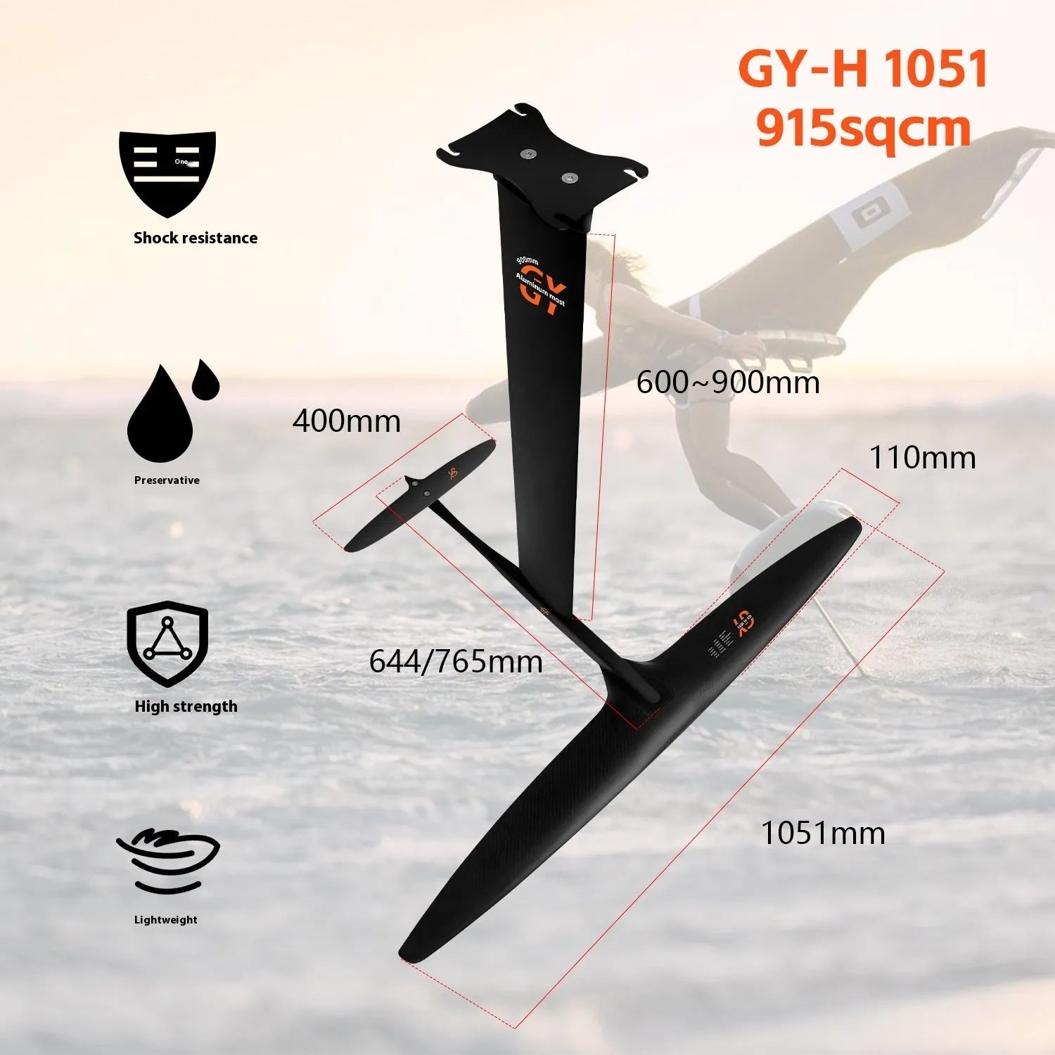 Black aluminium alloy and carbon fibre racing surfboard hydrofoil with large front wing.