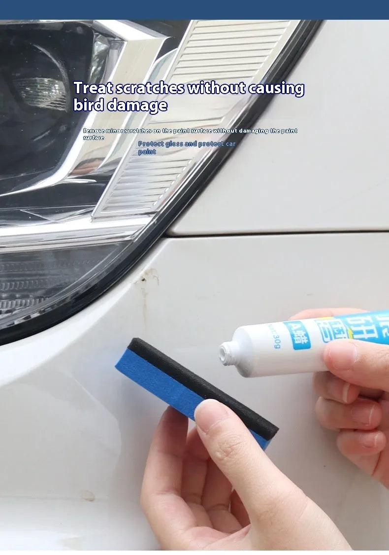 Car repair wax kit with A and B wax bottles and a frosted sponge applicator for scratch removal.