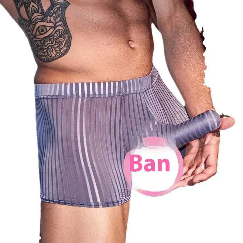 Men's black striped nylon boxer briefs laid flat, showing the elastic waistband and leg openings.