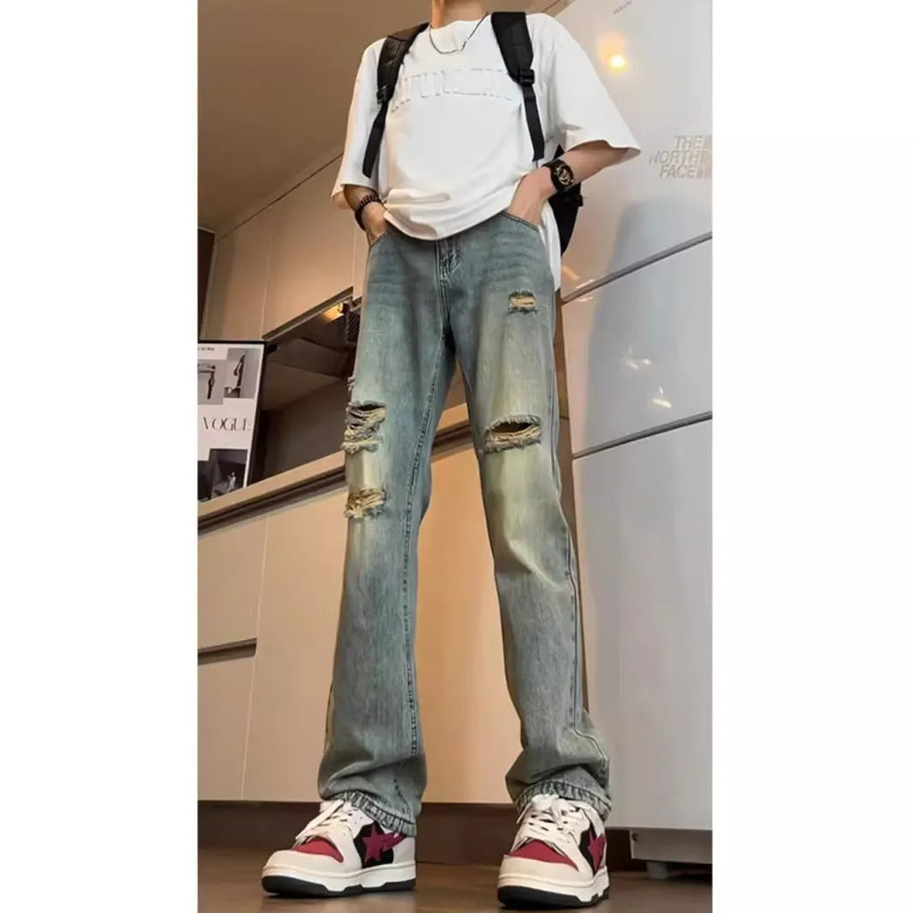 American V retro tattered jeans in blue cotton denim loose fit straight leg for women