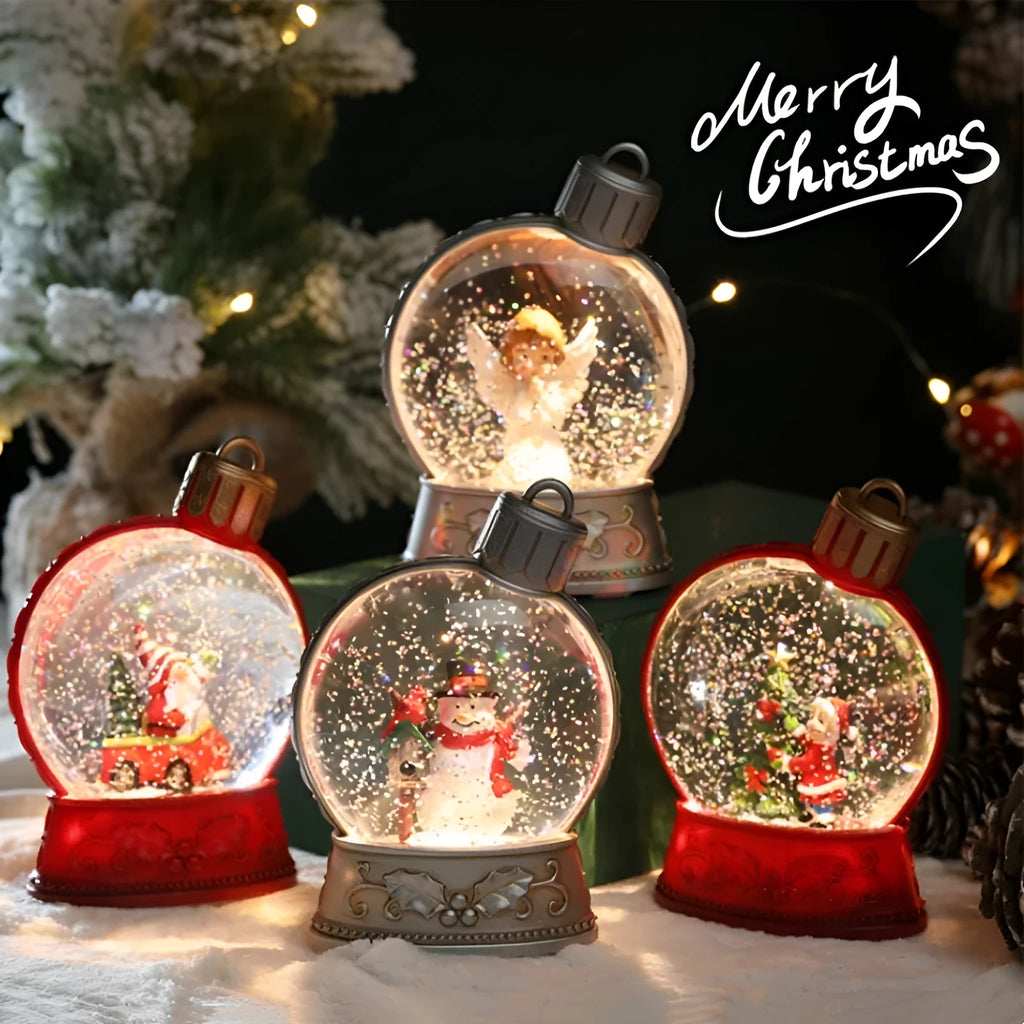 Set of four battery-operated LED Christmas flame light decorations: Old Man, Snowman, Kids Tree, and Angel plastic crafts.
