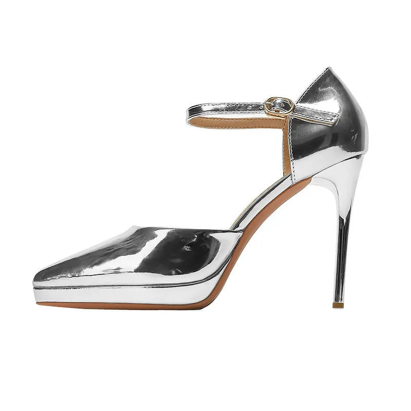 Pointed-toe waterproof platform women's high heels with 10.5cm stiletto heel in black leather with hollow cut-out sides