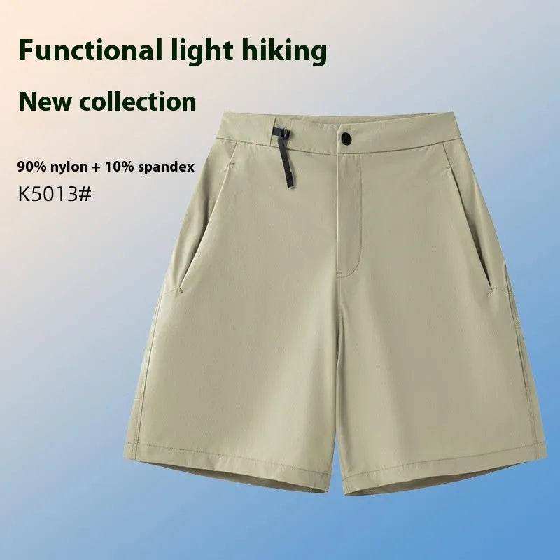 Men's quick-drying sports shorts in khaki colour with a four-sided elastic waistband, shown flat.