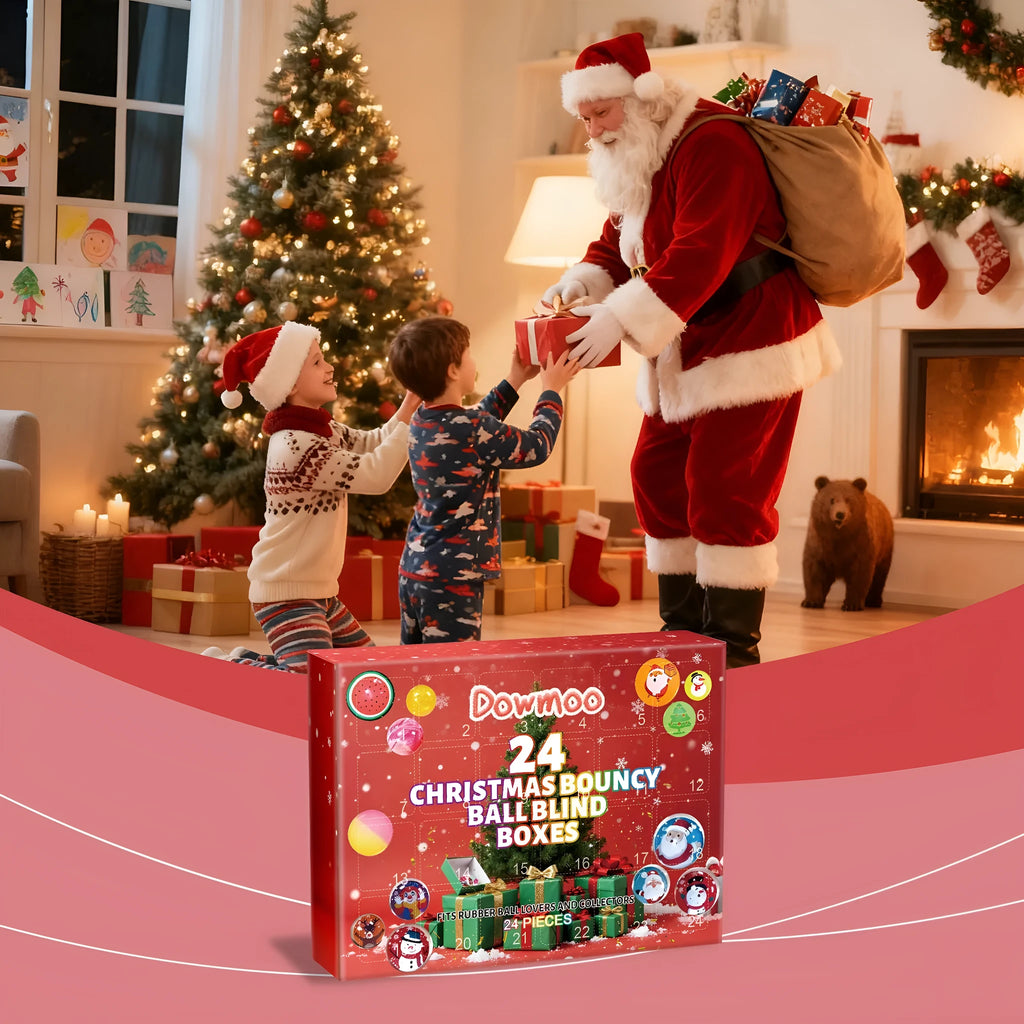 24 Christmas bouncy ball blind boxes in assorted festive designs, packaged in individual sealed boxes.