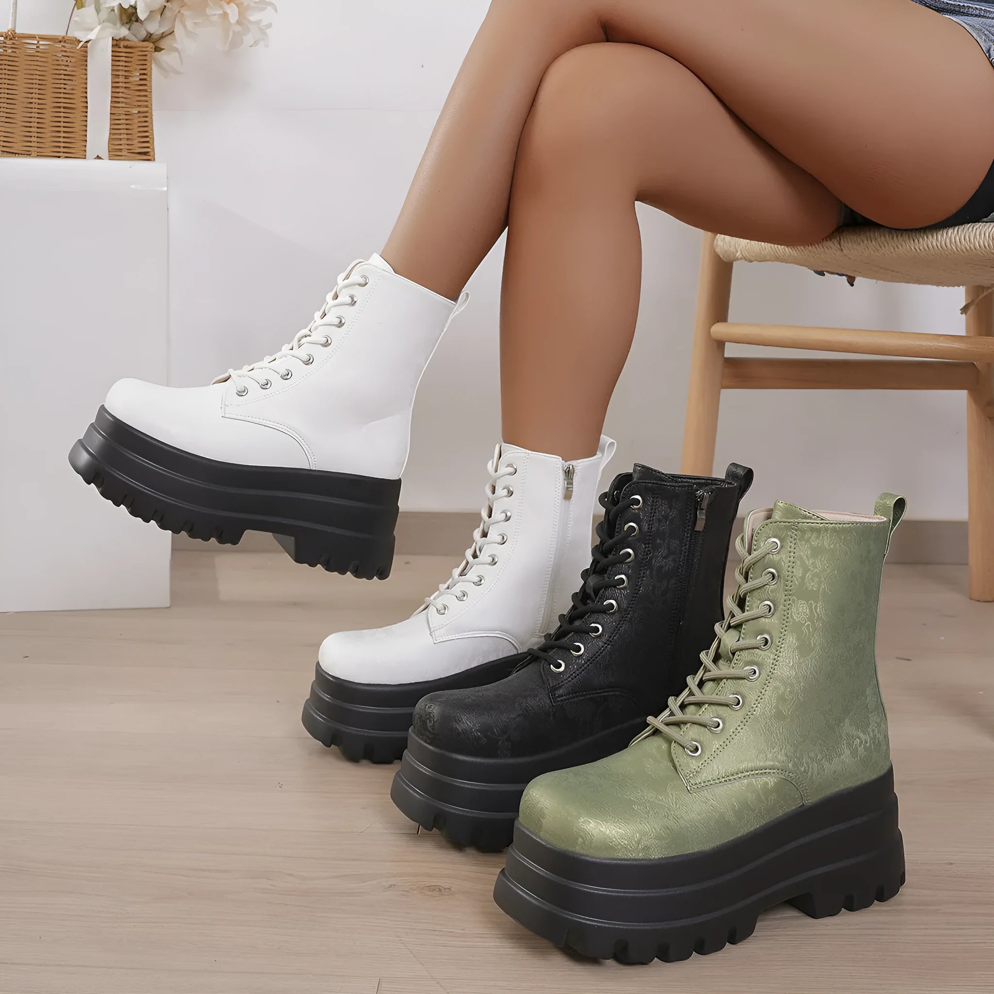 White women's platform boots with patchwork design, chunky block heel, and side zipper.