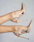Women's black patent leather pointed-toe high heel sandals with side rhinestone decoration.
