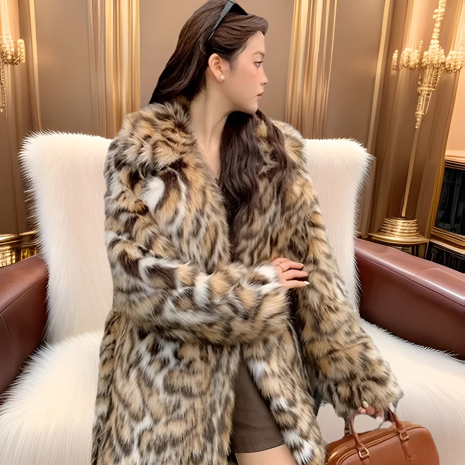 Long faux fur coat with fur collar and pockets in artificial fur fabric