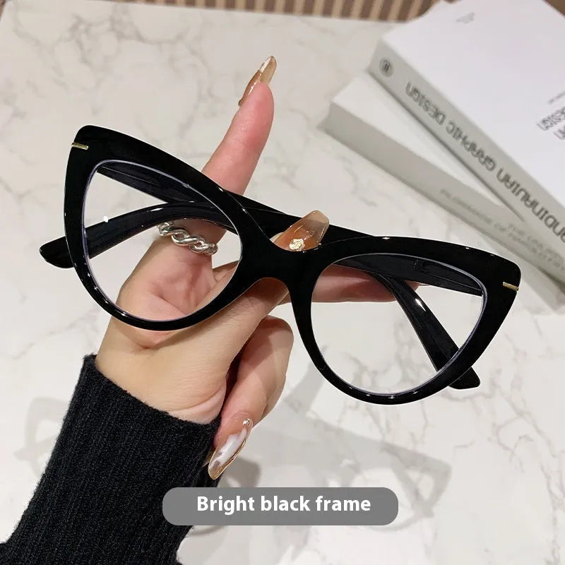 Women's large cat's eye presbyopic glasses with dragon and phoenix decorations on black floral frame