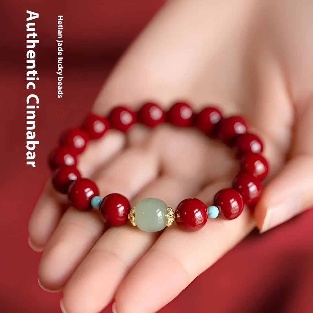Purple gold sand cinnabar Hetian jade bracelet with geometric elliptical beads in three size options