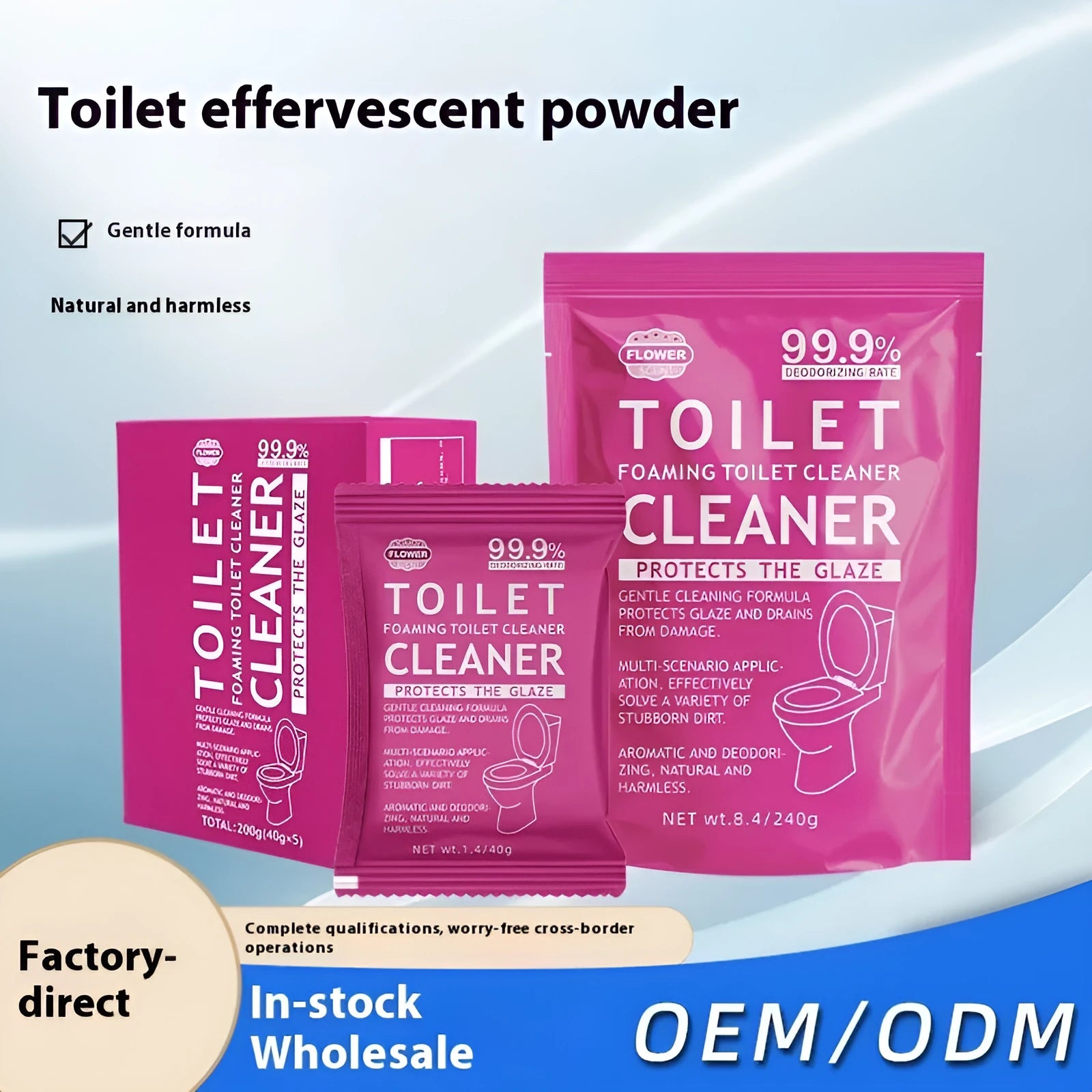 Box and large bag of toilet bubble effervescent powder cleaner for descaling.