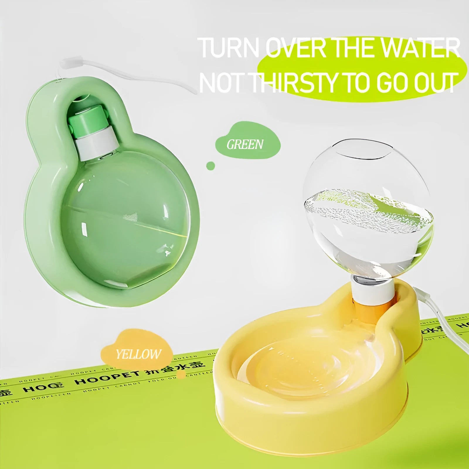 Green dog travel water bottle with integrated pull-out bowl and handle