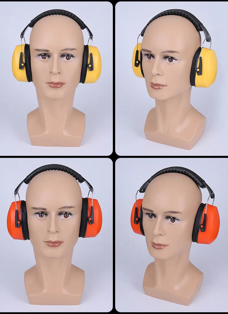 Orange noise-reducing headphones and protective earmuffs with an adjustable elastic headband on a grey background.