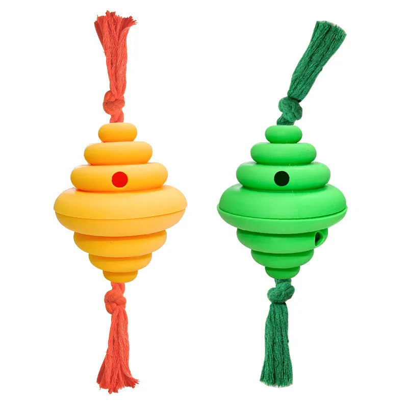 Green and yellow dog ball with integrated rope, hollow treat-dispensing design