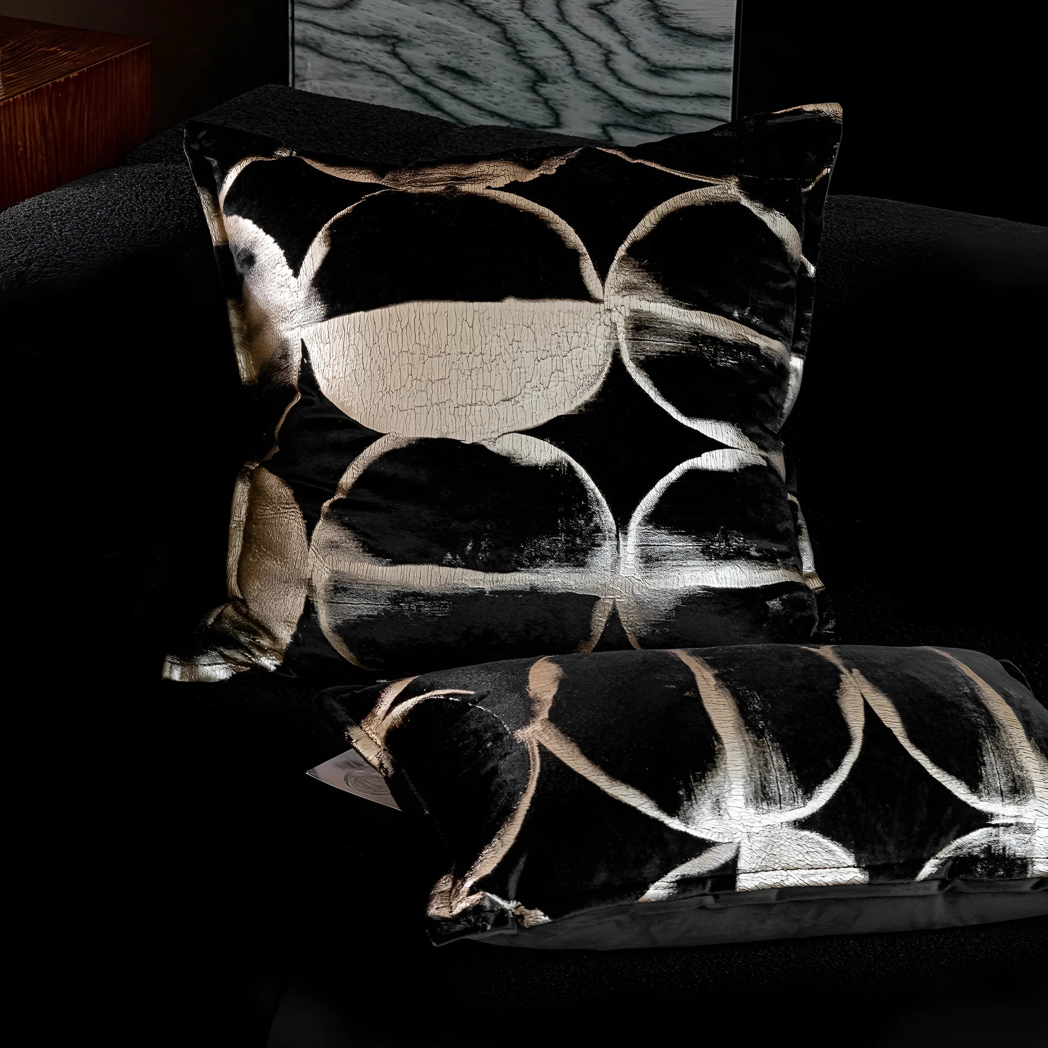 Black gold abstract pattern decorative cushion with removable flannel cover in multiple size options